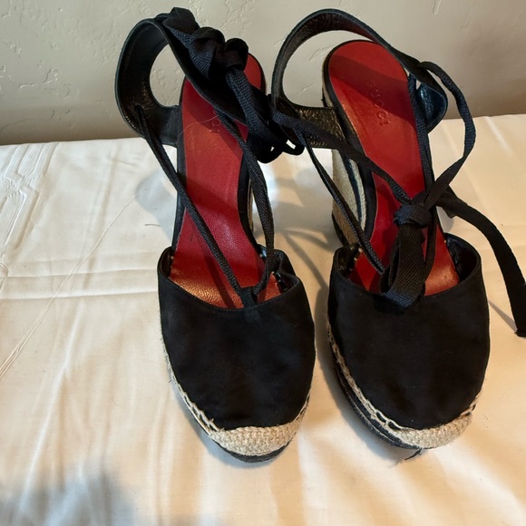 Gucci Black Suede Espadrille Wedge Sandals with Ankle Wrap Ties - Picture 1 of 8